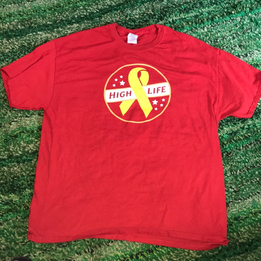 Red Graphic T-Shirt with Yellow Ribbon
